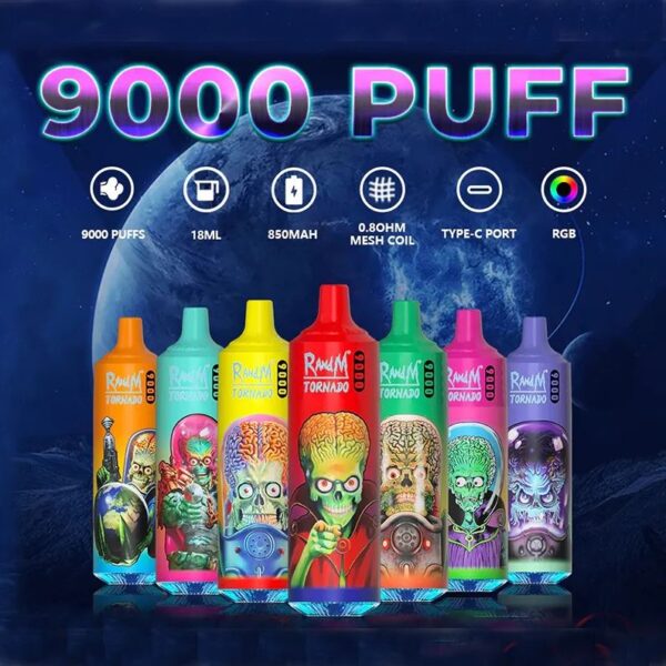 RandM Tornado 9000 Puffs 0% 2% 3% 5% Никотиновый одноразовый вейп оптом - JumpVape - 1