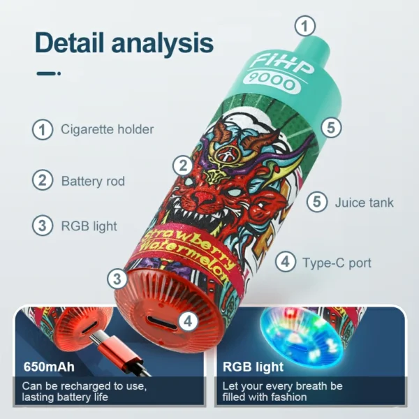 FIHP 9000 Puffs 2% 5% Low Nicotine Rechargeable Disposable Vapes Pen Bulk Buy Wholesale - JumpVape - 13