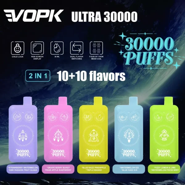 VOPK ULTRA 30000 Puffs Double Flavour Dual Mesh Digital Screen 2% Low Nicotine Rechargeable Disposable Vapes Pen Bulk Buy Wholesale - JumpVape - 1